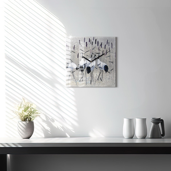 Pendule carrée en verre Grues dans les roseaux