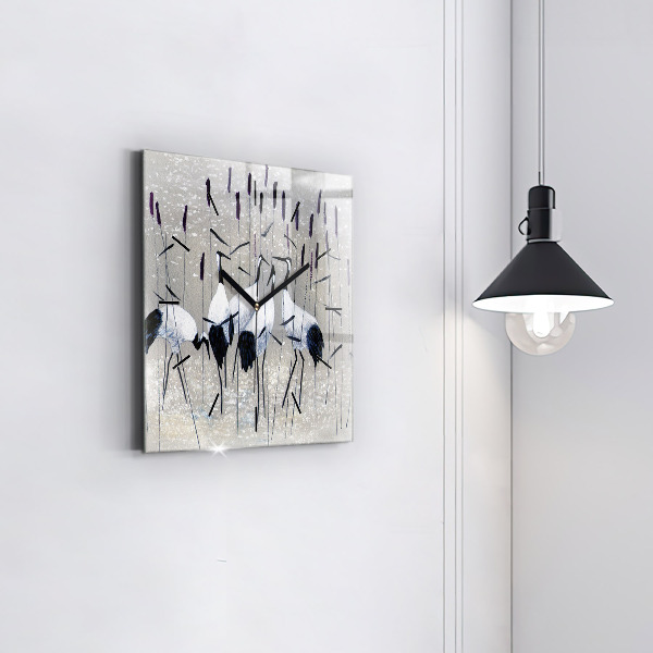 Pendule carrée en verre Grues dans les roseaux