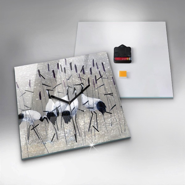 Pendule carrée en verre Grues dans les roseaux