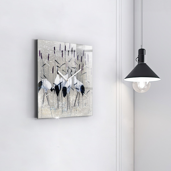 Pendule carrée en verre Grues dans les roseaux