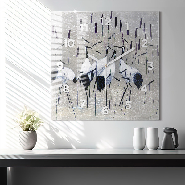 Pendule carrée en verre Grues dans les roseaux