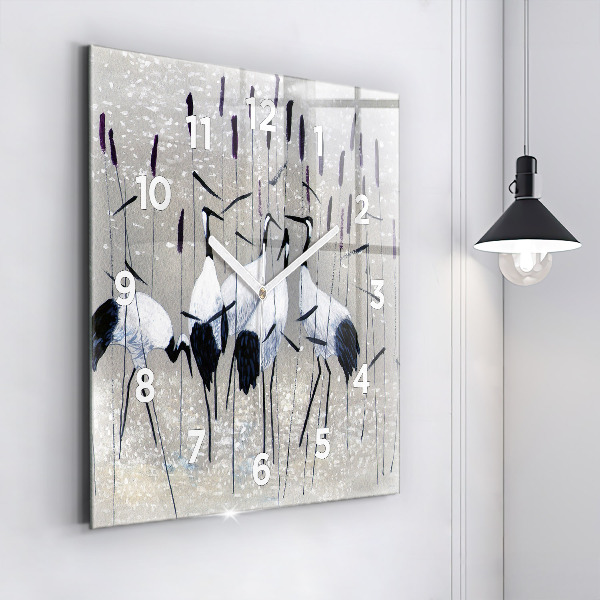 Pendule carrée en verre Grues dans les roseaux