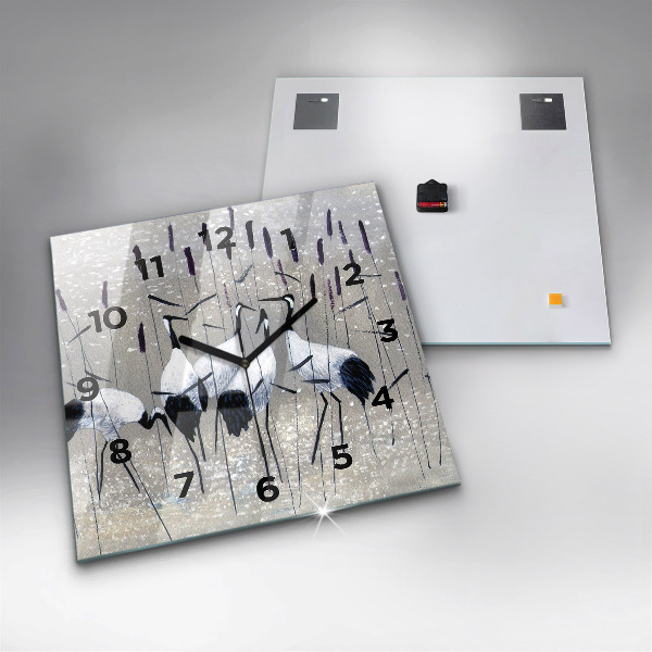 Pendule carrée en verre Grues dans les roseaux