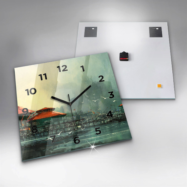 Pendule carrée en verre Village de pêcheurs