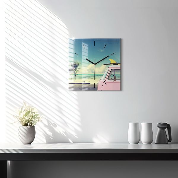 Pendule carrée en verre Voiture avec planche de surf