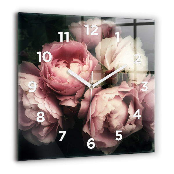 Pendule carrée en verre Bouquet de roses roses