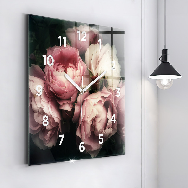 Pendule carrée en verre Bouquet de roses roses