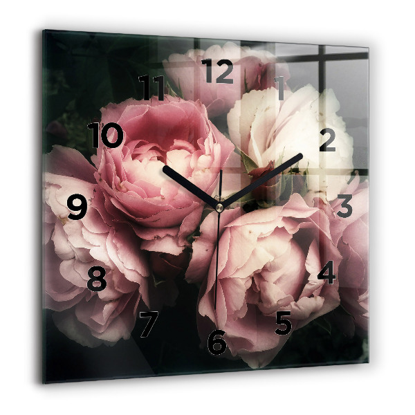 Pendule carrée en verre Bouquet de roses roses
