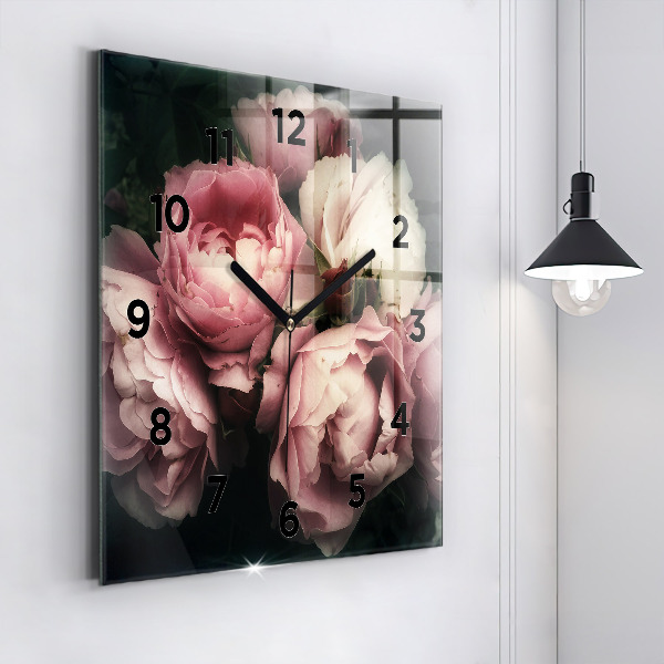 Pendule carrée en verre Bouquet de roses roses