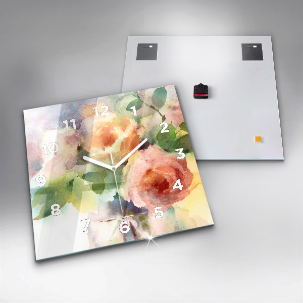 Pendule carrée en verre Aquarelle de roses dans un vase