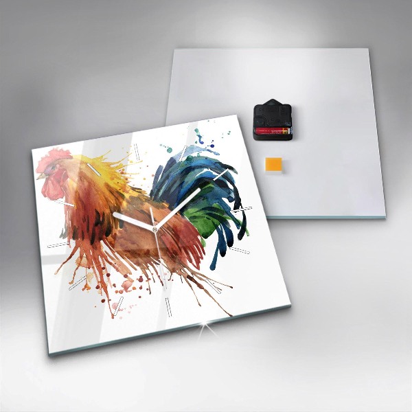 Pendule carrée en verre Coq coloré