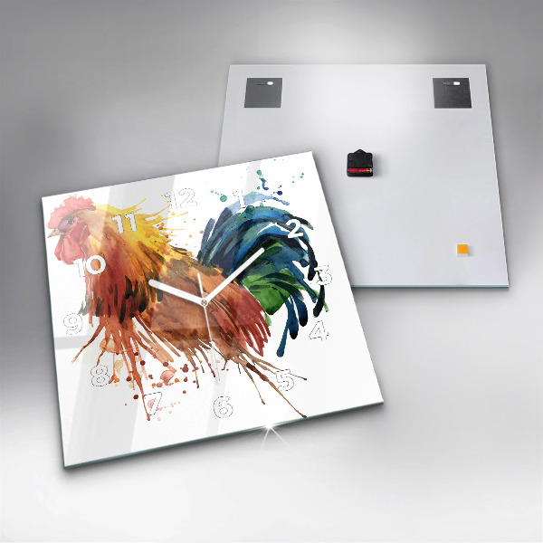 Pendule carrée en verre Coq coloré