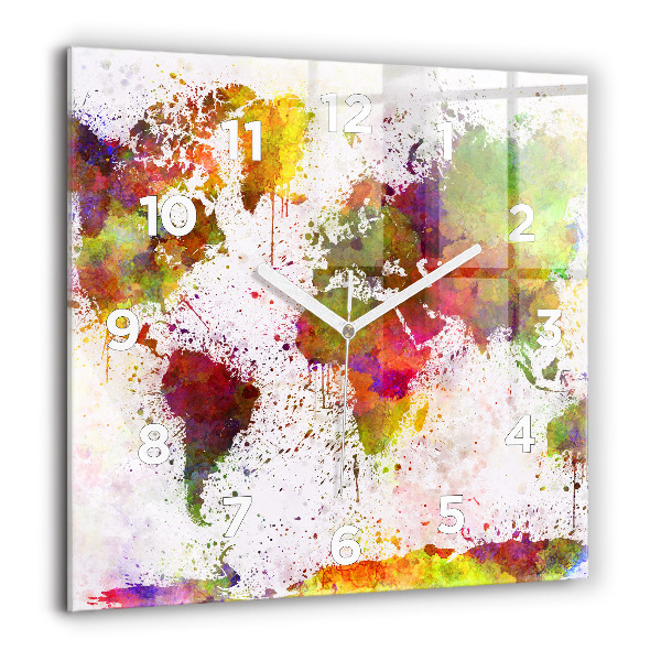 Pendule carrée en verre 'Carte du monde à l''aquarelle'
