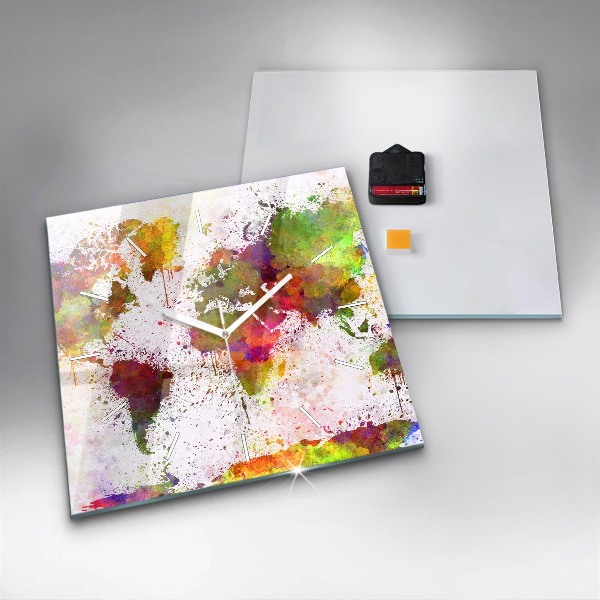 Pendule carrée en verre 'Carte du monde à l''aquarelle'