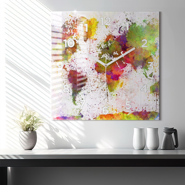 Pendule carrée en verre 'Carte du monde à l''aquarelle'