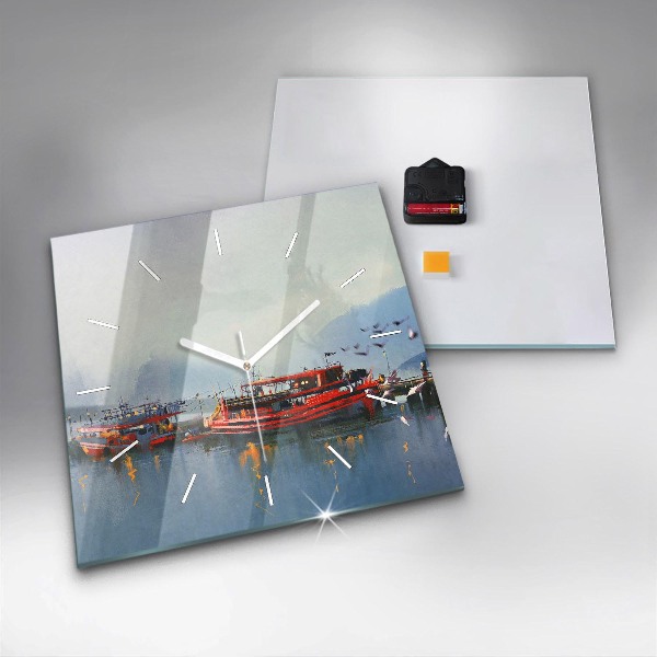 Pendule carrée en verre Bateau de pêche au port