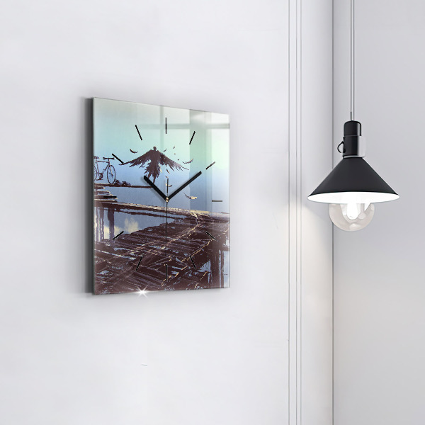 Pendule carrée en verre Ange, pont et vélo