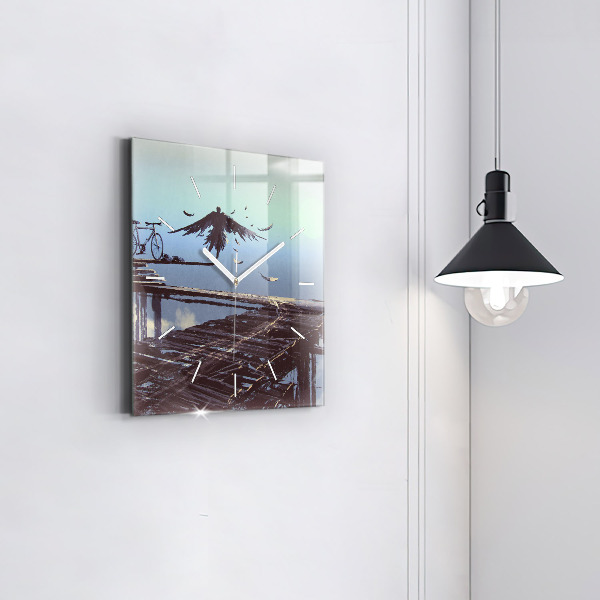 Pendule carrée en verre Ange, pont et vélo