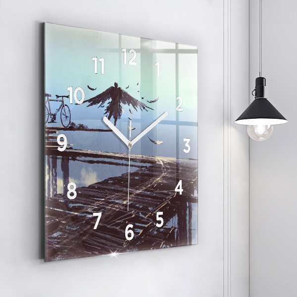 Pendule carrée en verre Ange, pont et vélo