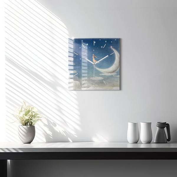 Pendule carrée en verre Fille sur la lune