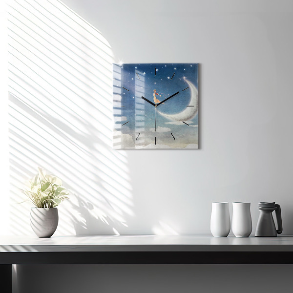 Pendule carrée en verre Fille sur la lune