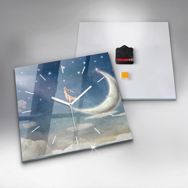 Pendule carrée en verre Fille sur la lune