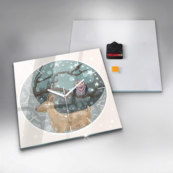 Pendule carrée en verre Les animaux nocturnes et la lune