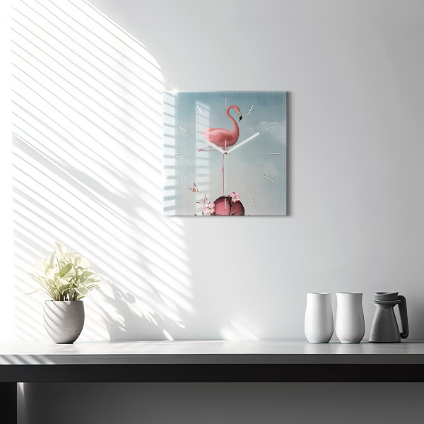 Pendule carrée en verre Flamant rose surréaliste