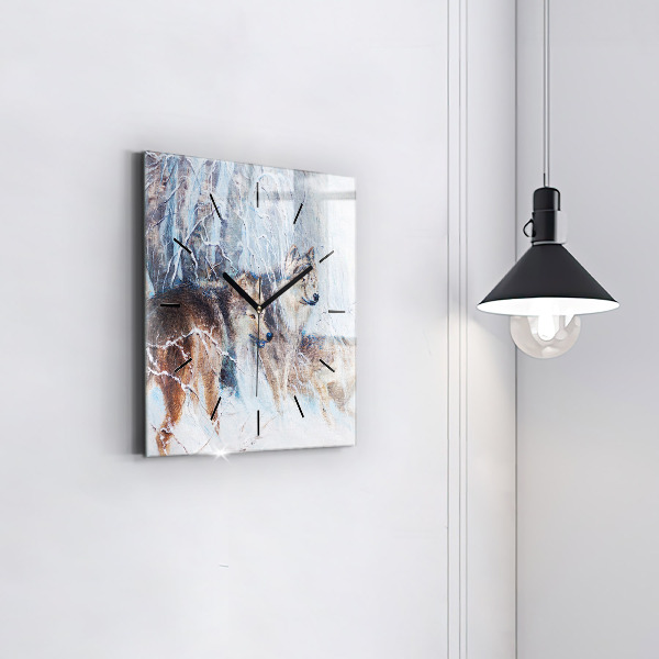 Pendule carrée en verre Les loups dans la forêt