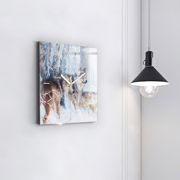 Pendule carrée en verre Les loups dans la forêt