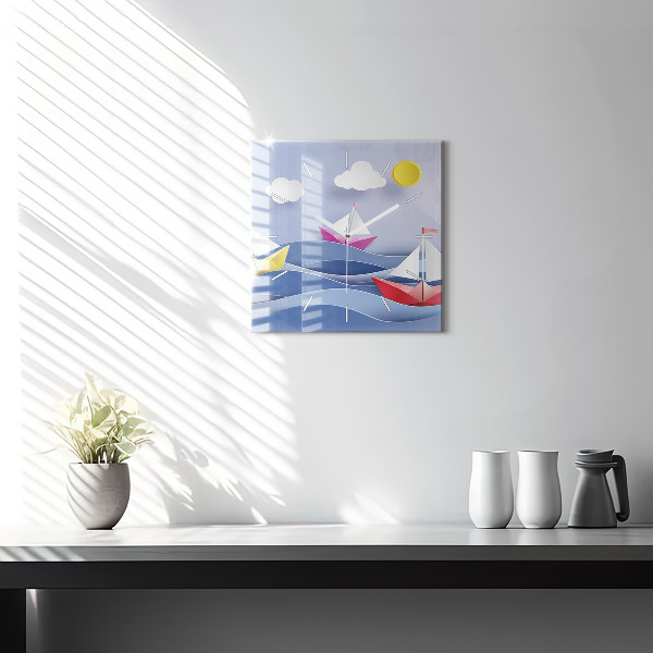 Horloge murale carrée Voiliers colorés en origami