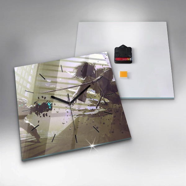 Horloge murale carrée Combat robot contre samouraï