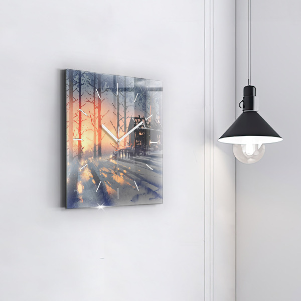 Horloge murale carrée 'Paysage d''arbres d''hiver'