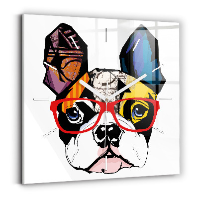 Horloge murale carrée Bouledogue français avec des lunettes