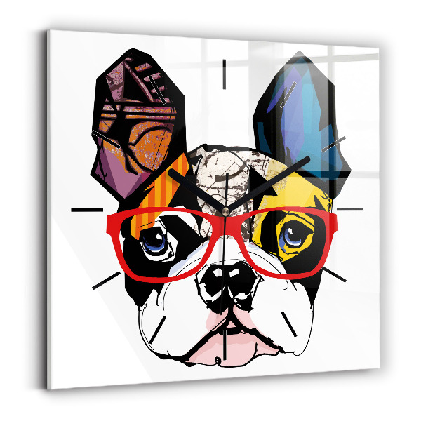 Horloge murale carrée Bouledogue français avec des lunettes