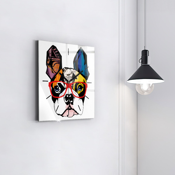 Horloge murale carrée Bouledogue français avec des lunettes