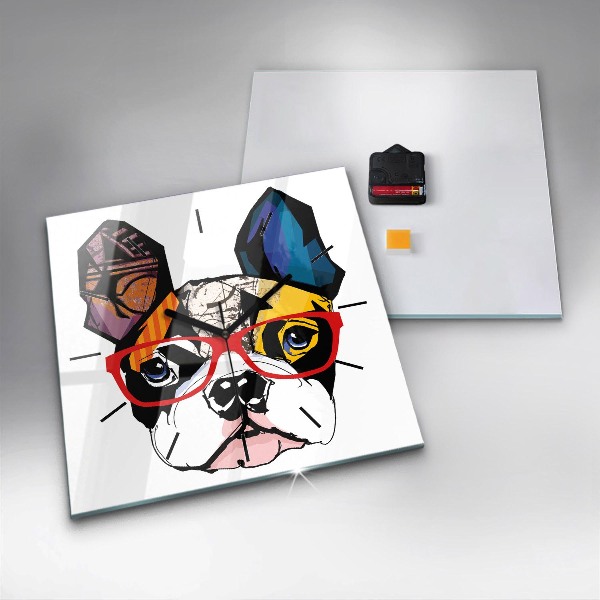 Horloge murale carrée Bouledogue français avec des lunettes