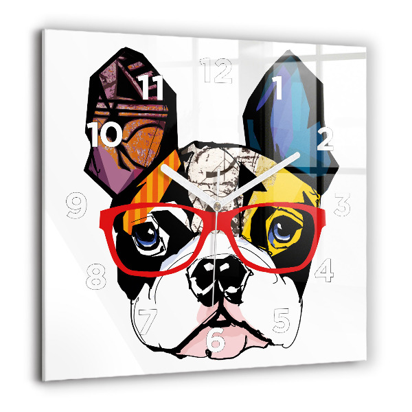 Horloge murale carrée Bouledogue français avec des lunettes