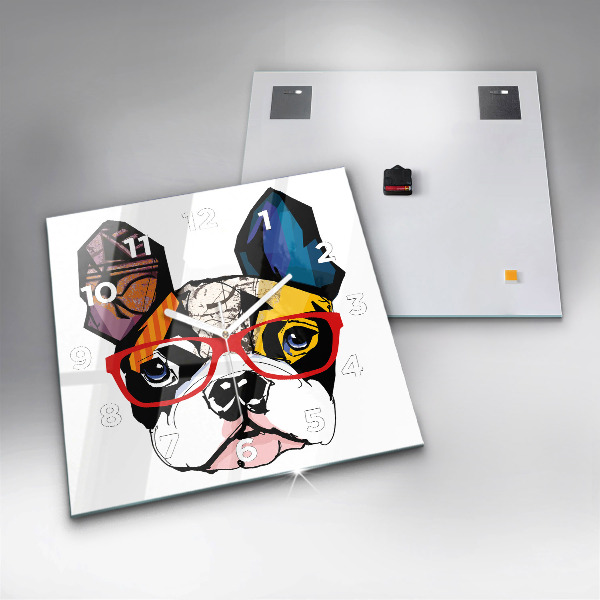 Horloge murale carrée Bouledogue français avec des lunettes