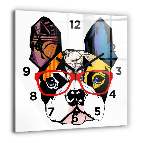 Horloge murale carrée Bouledogue français avec des lunettes
