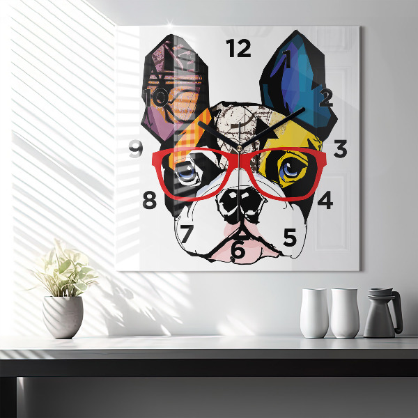 Horloge murale carrée Bouledogue français avec des lunettes