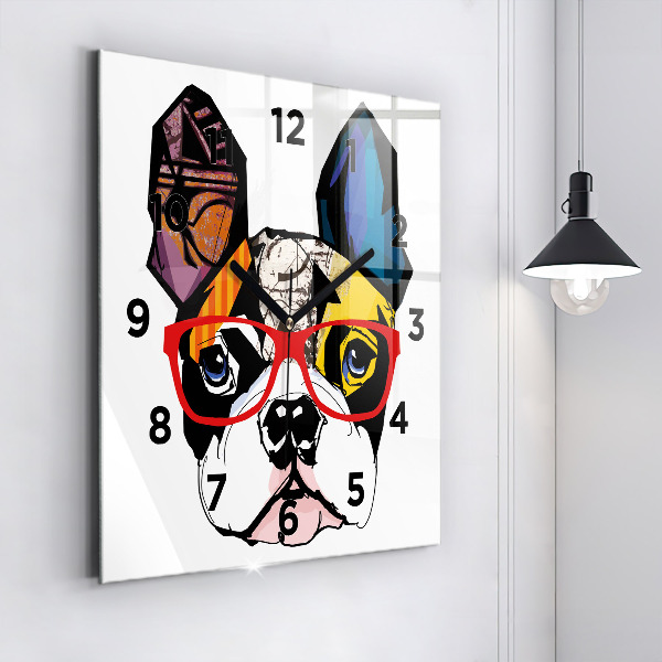 Horloge murale carrée Bouledogue français avec des lunettes