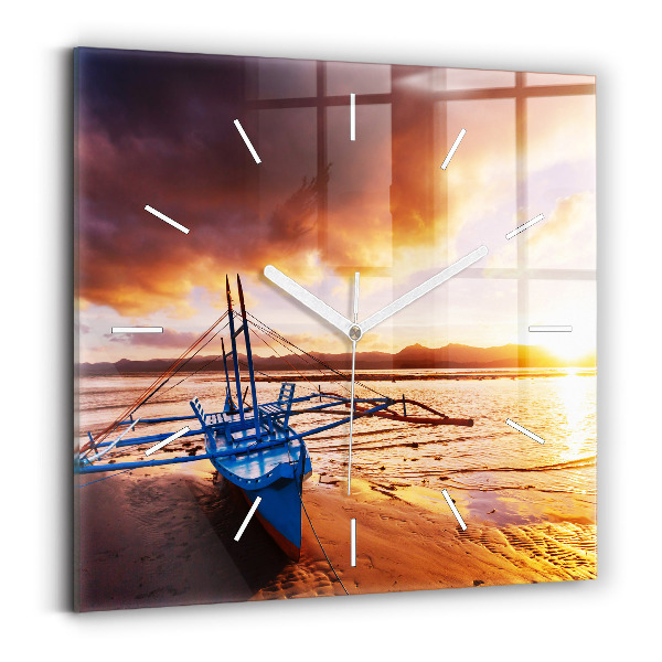 Horloge murale carrée Bateau et coucher de soleil