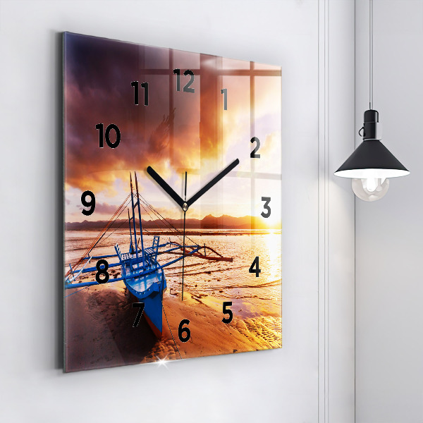 Horloge murale carrée Bateau et coucher de soleil