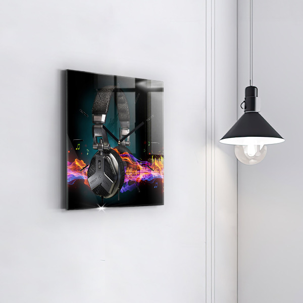 Horloge murale carrée Casques et ondes sonores