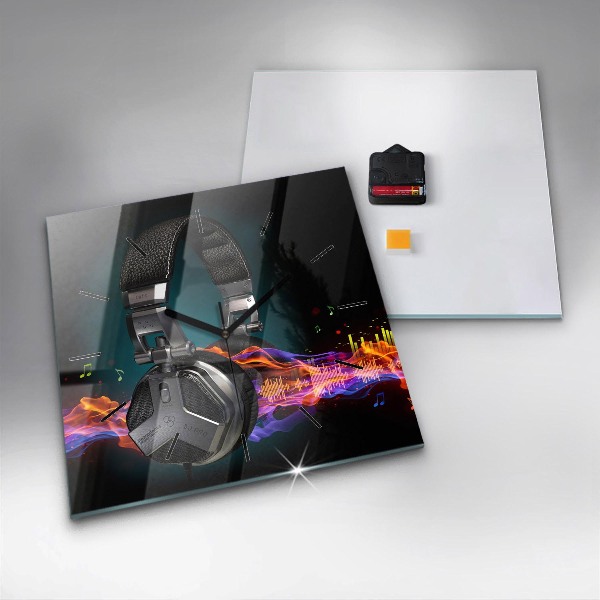 Horloge murale carrée Casques et ondes sonores