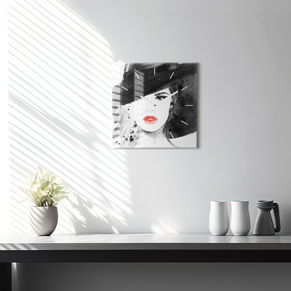 Horloge murale carrée Femme au chapeau