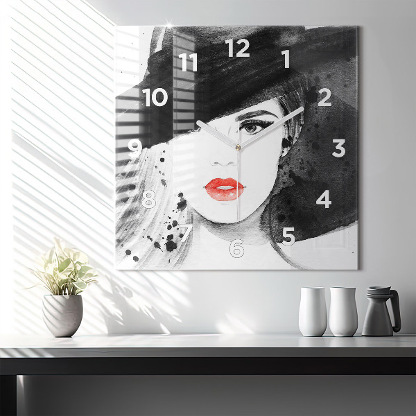 Horloge murale carrée Femme au chapeau