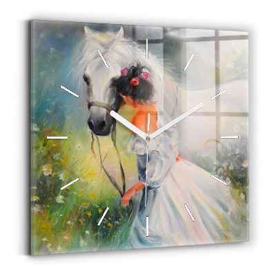 Horloge murale carrée Belle femme avec un cheval