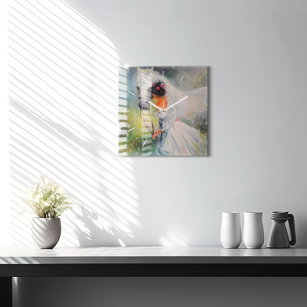 Horloge murale carrée Belle femme avec un cheval